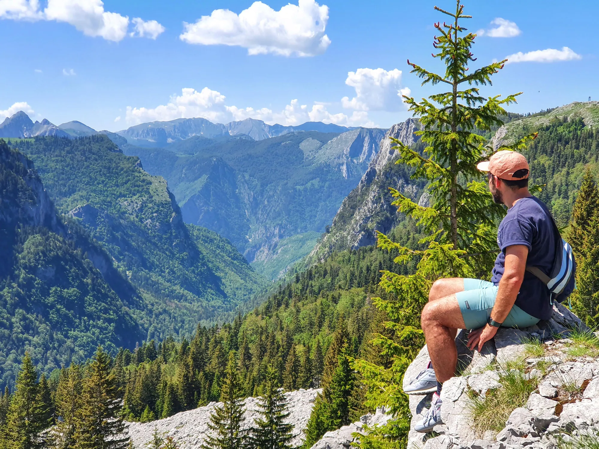 A hiker resting on a rock high above a forested mountain valley